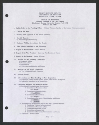 Thirty-fourth Senate, University of Houston, Students' Association, Order of Business [Agenda], Fifteenth Meeting, October 22, 1997