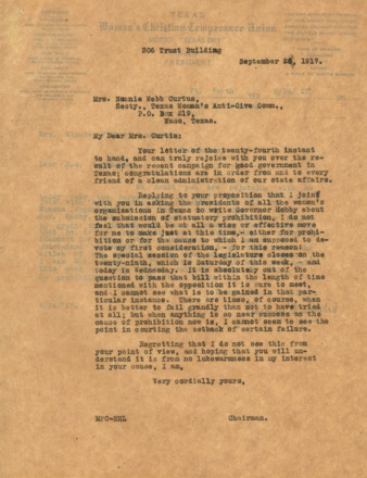 Letter to Mrs. Nannie Webb Curtis