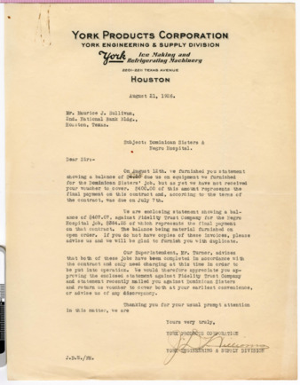 Letter from J. D. Williams to Maurice J. Sullivan, 1926 August 21