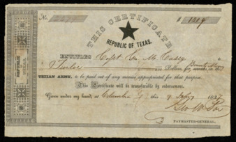 Republic of Texas Black Star Certificate to Captain George M. Casey