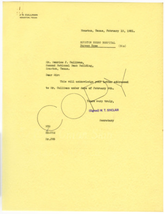 Letter from W. T. Sinclair to Maurice J. Sullivan, 1931 February 10