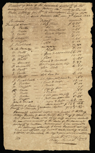 Inventory of property sale of effects of Nathan Osburn by Joseph McClurg