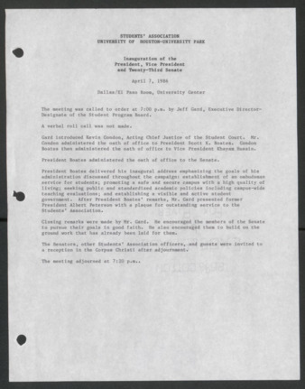 Inauguration of the President, Vice President and Twenty-third Senate, April 7, 1986