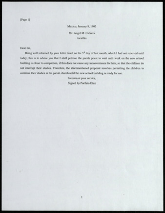 Translation of Letter from Porfirio Díaz to Angel W. Cabrera, 1902 January 8