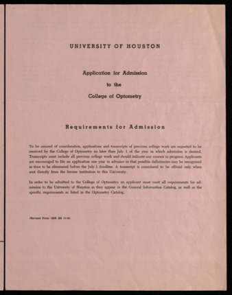 Undergraduate Application to College of Optometry for Freda Celestine Gooden Richardson