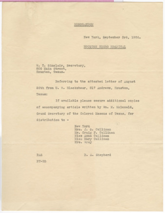Memorandum from R. A. Shepherd to W. T. Sinclair, 1926 September 3