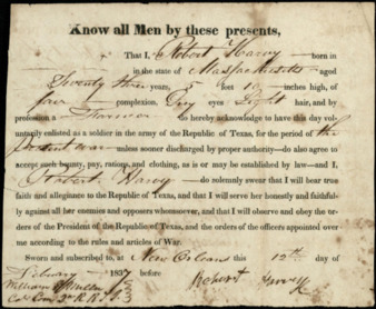 Enlistment form for the Republic of Texas Army signed by Robert Harvey