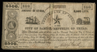 Certificate of Stock for $500 or 2,060 lots from the City of Sabine