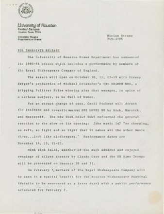 Houston Shakespeare Festival, 1980-1981 season program flier