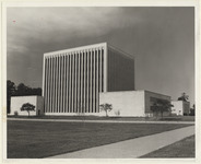 Rear exterior view of the blue wing of the M.D. Anderson Library