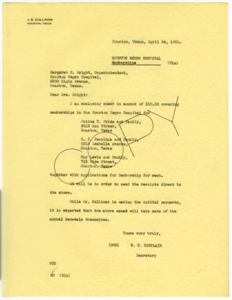 Letter from W. T. Sinclair to Margaret H. Bright, 1931 April 24