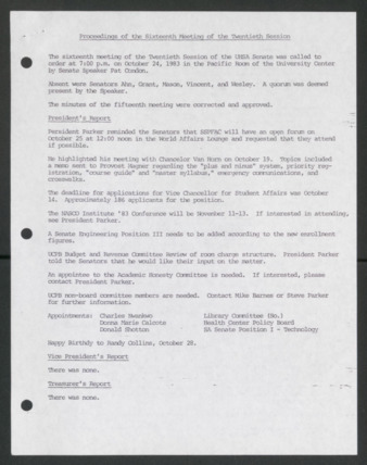 Senate Journal, Twentieth Senate, University of Houston Student Government Association, Minutes, Sixteenth Meeting, October 24, 1983