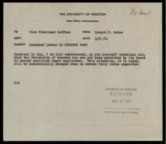 Memorandum from Howard F. McGaw to Philip G. Hoffman, expressing embarrassment over the University of Houston not being desegregated yet