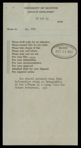 Memorandum from Patrick J. Nicholson to Philip G. Hoffman, regarding keeping a study on integration at the University of Texas for future reference
