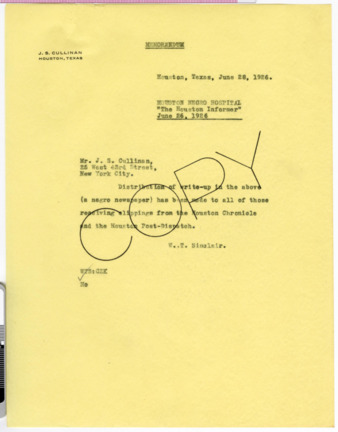 Memorandum from W. T. Sinclair to J. S. Cullinan, 1926 June 28