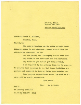 Letter from W. W. Moore to Oscar F. Holcombe, 1926 October 19