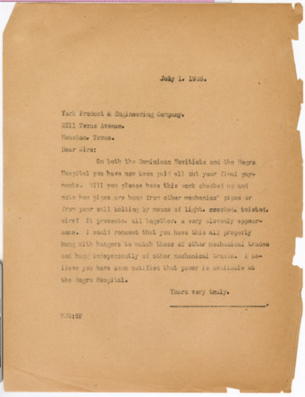 Letter from Maurice J. Sullivan to York Product & Engineering Company, 1926 July 1