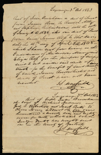 Receipt to Jesse Burnham for documents regarding the case of the minor heirs of James Ross