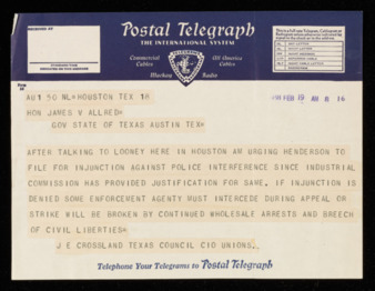 Telegram from J. E. Crossland to Governor James V. Allred, 1938 February 19