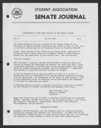 Senate Journal, Ninth Senate, University of Houston Student Government Association, Minutes, Vol. 9, No. 1, May 30, 1972