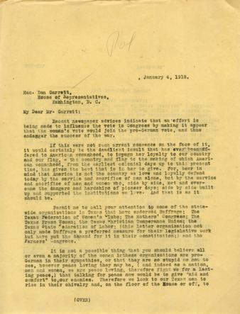 Letter from Minnie Fisher Cunningham to Hon. Dan Garrett