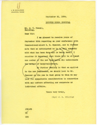 Letter from J. S. Cullinan to J. Y. Powell, 1934 September 21