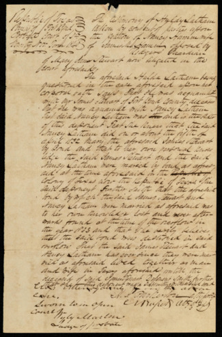 Testimony of Huldy Latham regarding the marriage of James Stewart and Nancy Latham