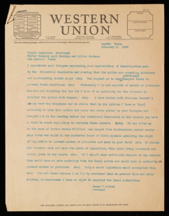 Telegram from Governor James V. Allred to Donald Henderson, 1938 February 18