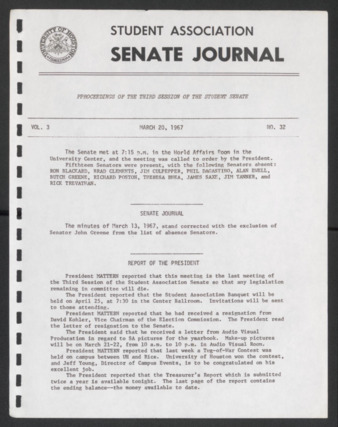 Senate Journal, Third Senate, University of Houston Student Government Association, Minutes, Vol. 3, No. 32, March 20, 1967