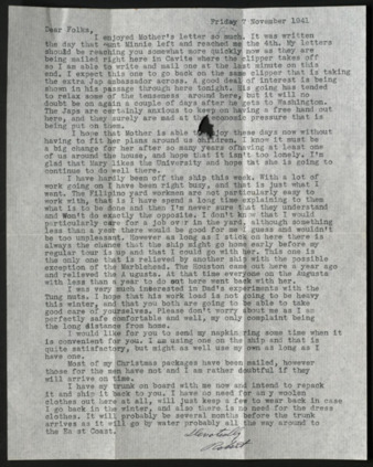 Letter from Lt. Robert B. Fulton to Mr. and Mrs. Fulton, William L., Cavite, Philippines, 1941 November 7