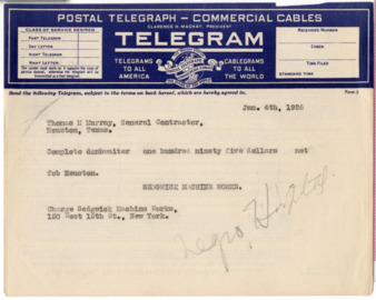 Telegram from Sedgwick Machine Works to Thomas M. Murray