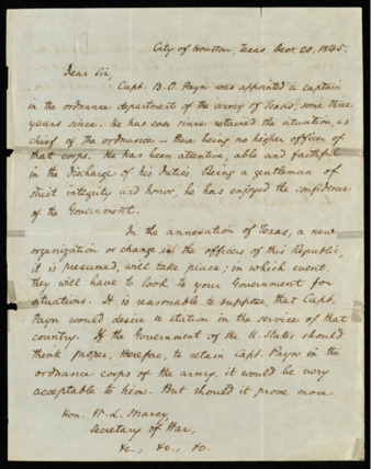 Letter from Sam Houston to William L. Marcy regarding  B. O. Payn