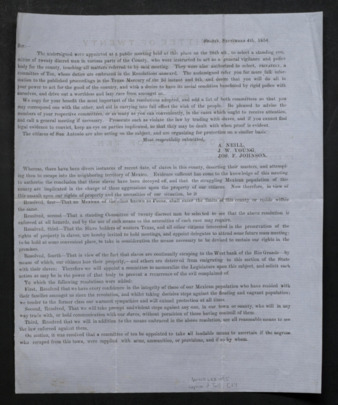 Printed circular which documents the formation of two committess in Guadalupe County to respond to instances of enslaved people escaping their enslavers to reach emancipation in Mexico.