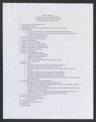 Order of Business [Agenda], 19th Meeting of the 47th Administration, February 16, 2011