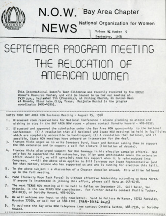 NOW News Bay Area Chapter, Vol. 6, No. 9, September 1978