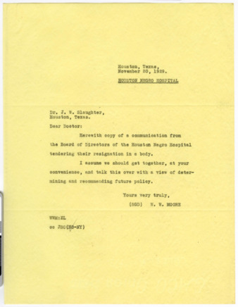 Letter from W. W. Moore to J. W. Slaughter, 1929 November 20