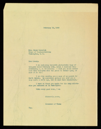 Letter from Governor James V. Allred to Maury Maverick, 1938 February 19