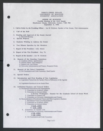 Thirty-third Senate, University of Houston, Students' Association, Order of Business, Twelfth Meeting, September 4, 1996