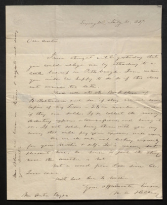Letter from Mary Austin Holley to Stephen F. Austin requesting a business favor in Pittsburgh