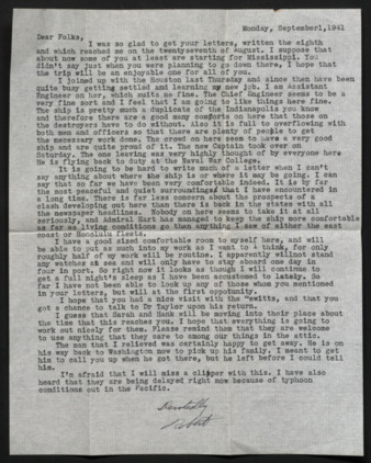 Letter from Lt. Robert B. Fulton to Mr. and Mrs. Fulton, William L., 1941 September 1