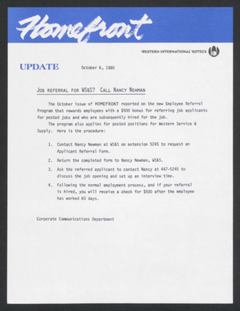 Homefront, October 6, 1980, Update