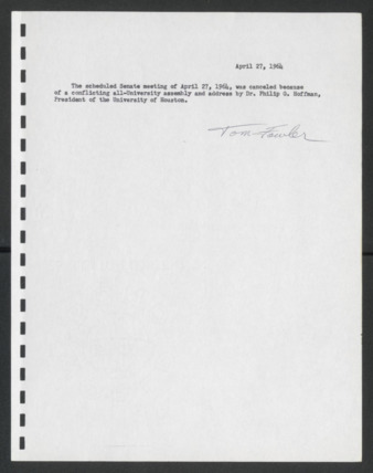 First Senate, Notice of Meeting Cancellation, April 27, 1964