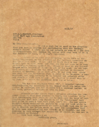 Letter from Minnie FIsher Cunningham to Wilhelmina M. Guerard, 1917 October 1