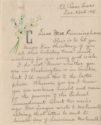 Letter from Belle C. Critchett to Minnie Fisher Cunningham, sending Christmas and New Year wishes