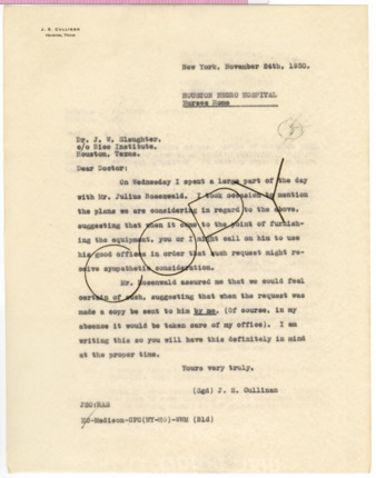 Letter from J. S. Cullinan to J. W. Slaughter, 1930 November 24