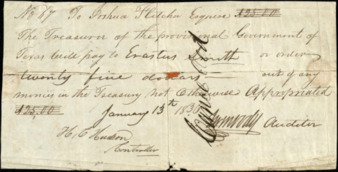 Endorsed pay warrant to Erastus "Deaf" Smith