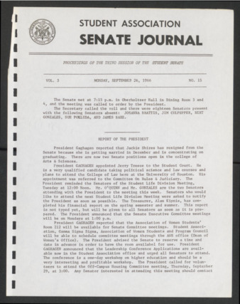 Senate Journal, Third Senate, University of Houston Student Government Association, Minutes, Vol. 3, No. [13], September 26, 1966