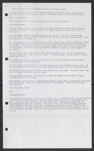 Senate Journal, Twentieth Senate, University of Houston Student Government Association, Minutes, Twenty-Seventh Meeting, February 20, 1984