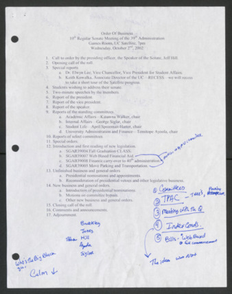 Order of Business [Agenda], 10th Senate Meeting of the 39th Administration, October 2, 2002