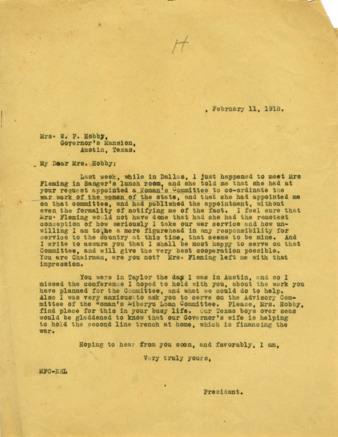 Women's Liberty Loan Committee Letter to Mrs. Hobby